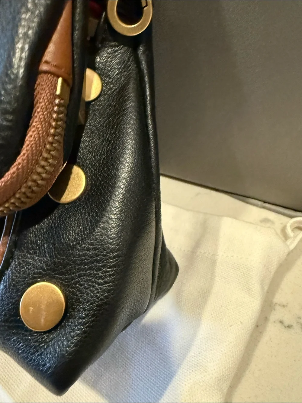 Hammitt Black Leather Messenger Bag with Brown Trim